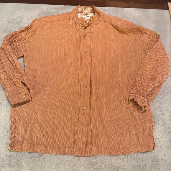 VTG Carlo Moda orange stripe button down shirt womens M crinkle mandarin collar - Picture 1 of 7